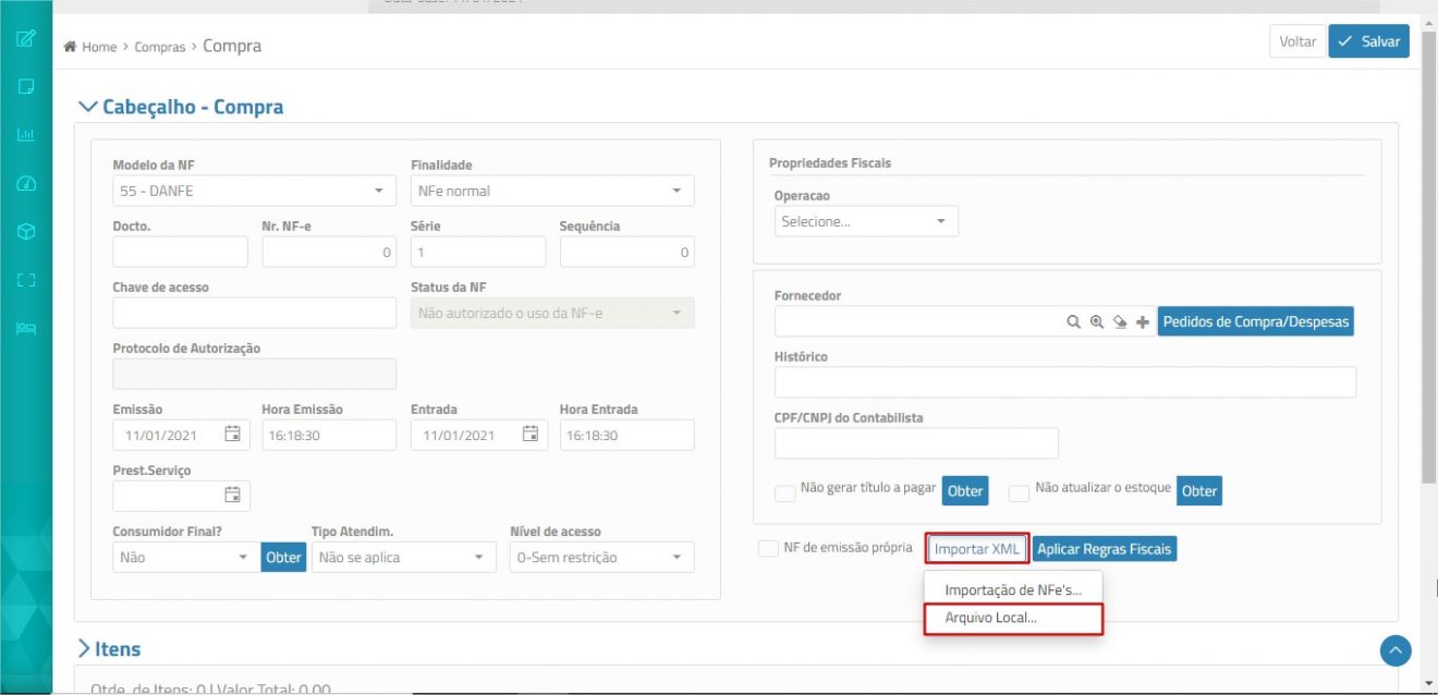 Importação do XML de Compra Docs New ERPFlex